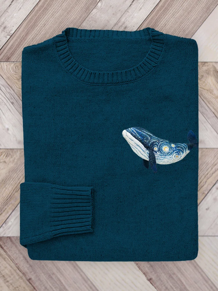 Comstylish Starry Night Inspired Whale Embroidery Art Knit Sweater