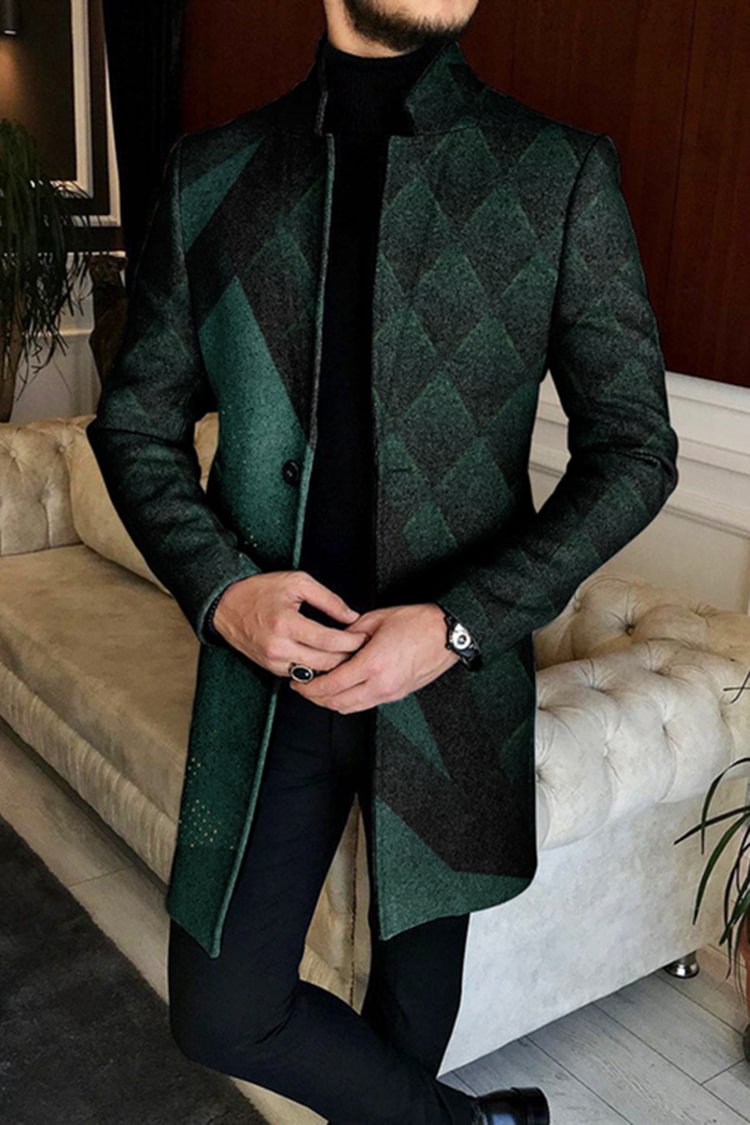 Tiboyz Men's Geometric Pattern Stand Up Collar Tweed Coat