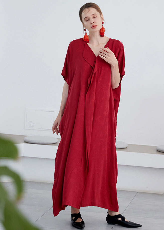 VCSHOES Red V Neck Jacquard Patchwork Cotton Robe Dresses Summer