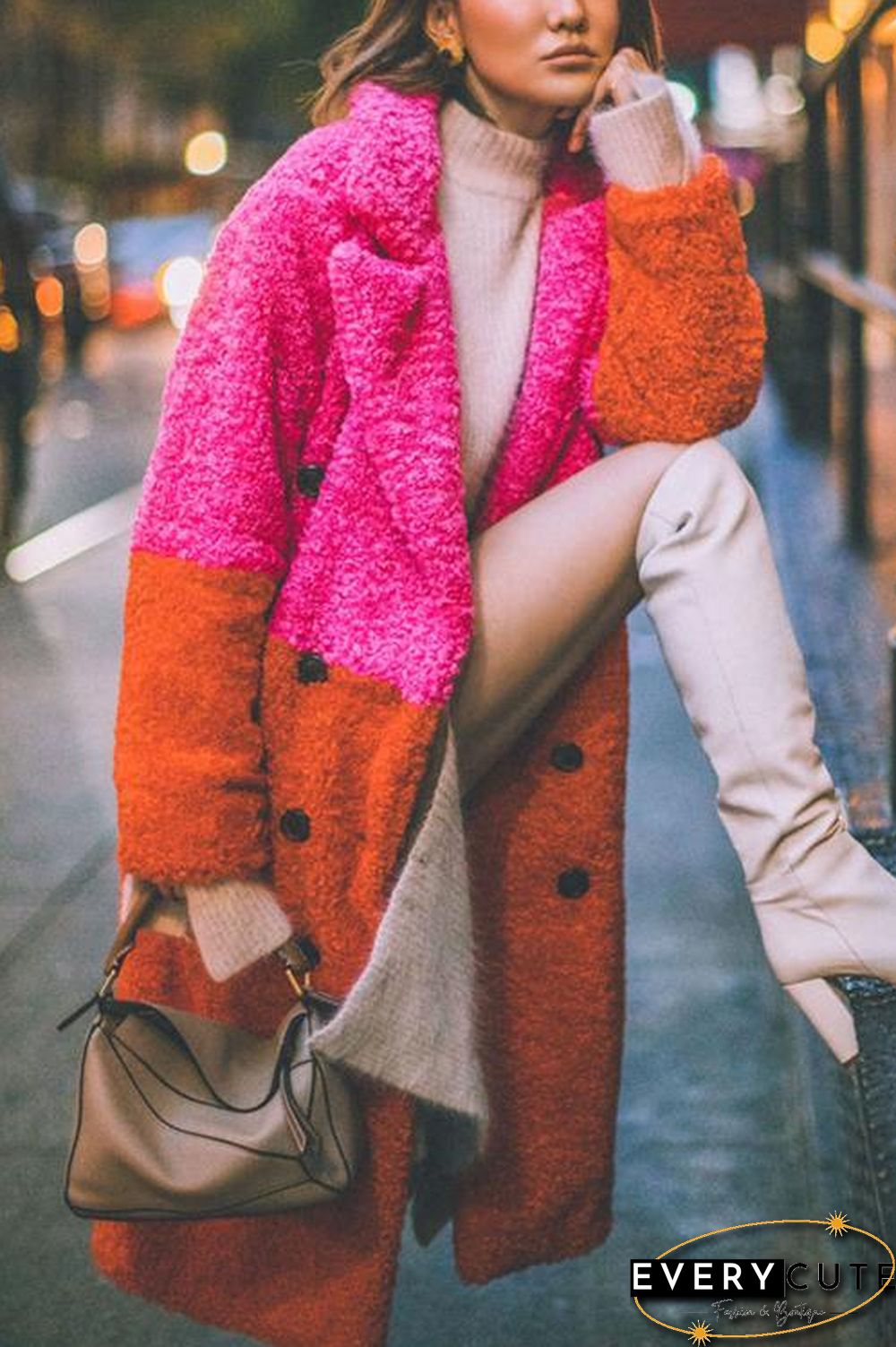 Plush Color Block Button Pocket Coat