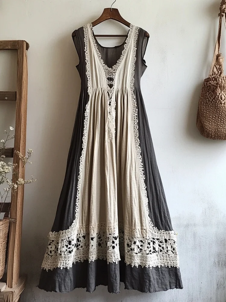 Vintage Lace Patchwork Sleeveless Linen Dress