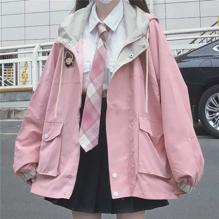 Casual Korean Color Sweet Matching Coat New Style College Style Loose Hooded Work For Female Students Autumn And Spring Jackets
