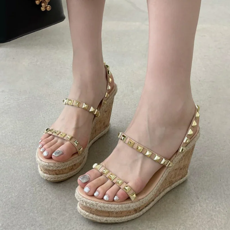 Qengg Rome Women Sandals High Heels Buckle Strap Metal Rattan Weave Platform Wedges Shoes For Women Beach Cane Sandals Open Toe