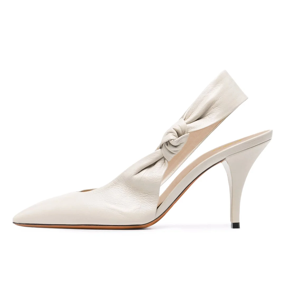 Ivory Knot Pointed Toe Stiletto Heel Slingback Pumps for Women