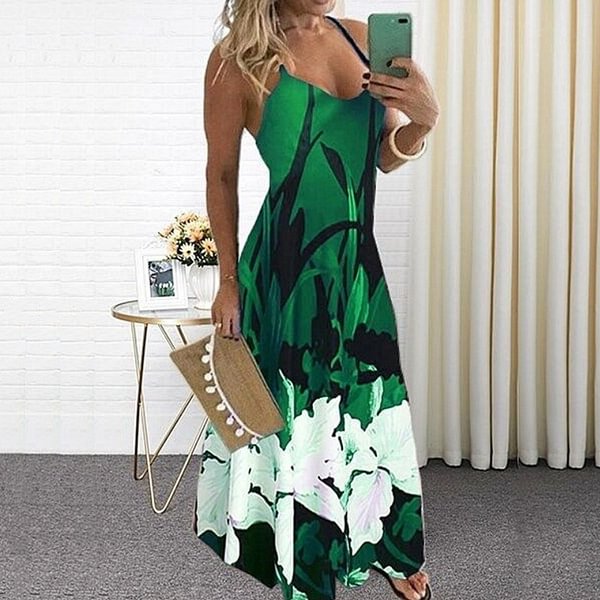 New Summer Fashion Women Boho Styles Casual Sleeveless Maxi Dress Ladies Floral Printed Spaghetti Strap V-Neck Big Swing Dress Party Dresses - Life is Beautiful for You - SheChoic