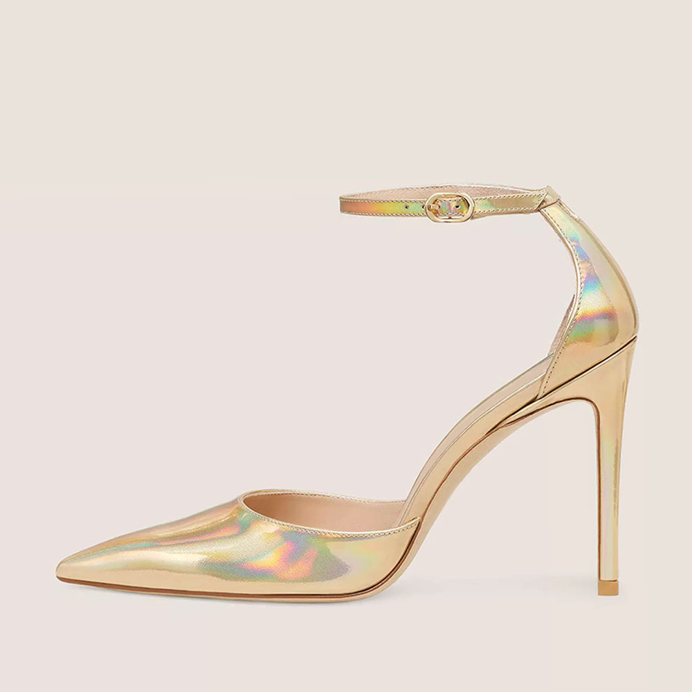 Gold Metallic Pointed Toe 4‘’ Stiletto Heel Ankle Strap Pumps Nicepairs