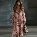 Women's Floral Roses Art Print Flowy Linen Blend Casual Long Sleeve Maxi Dress - Image 2