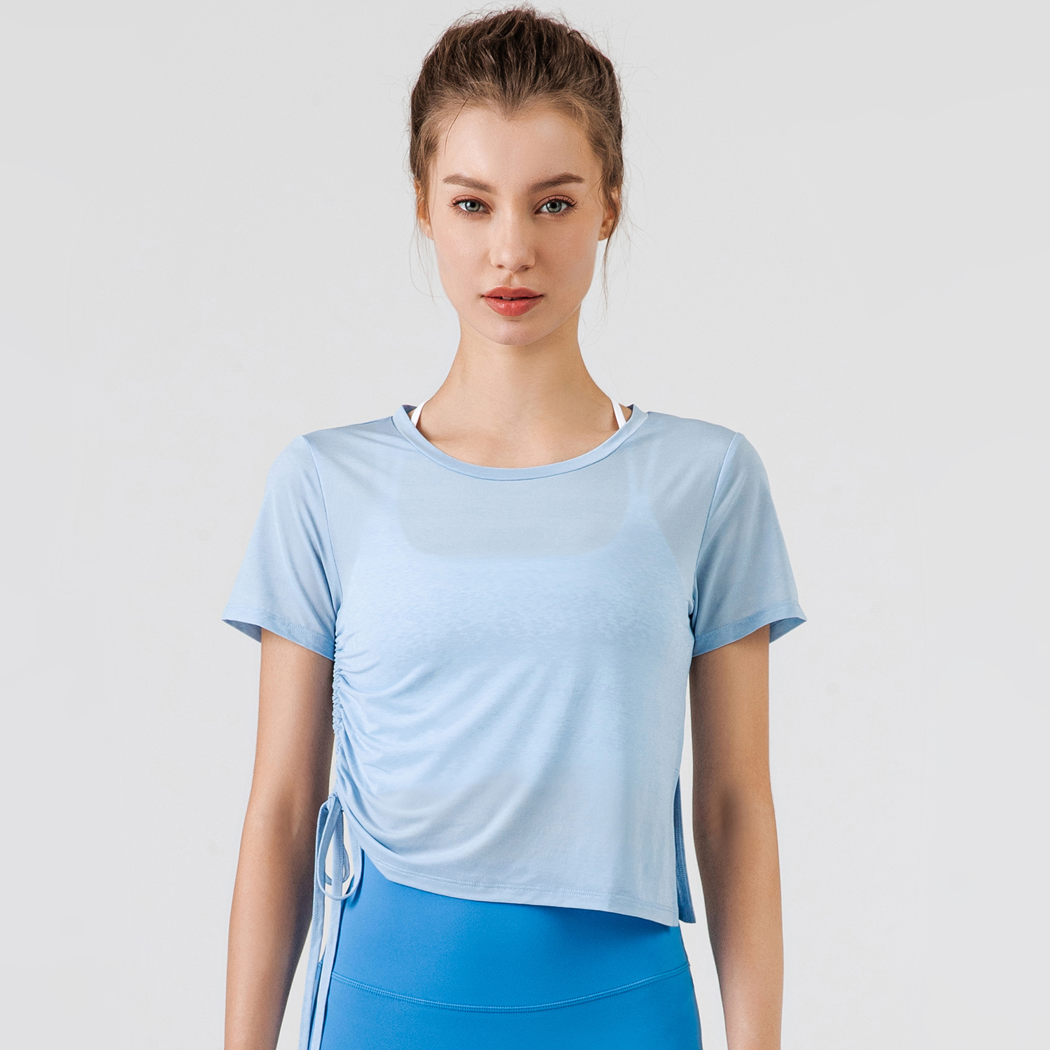 Buy short sleeve round neck see through side drawstring running t shirts for women of high quality on Hergymclothing Sky Blue