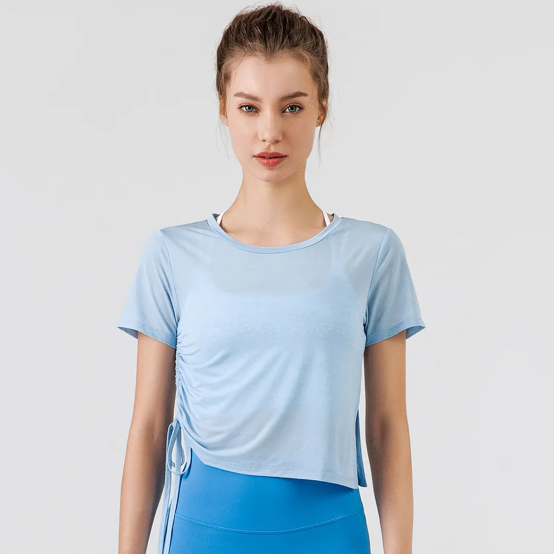 Buy short sleeve round neck see through side drawstring running t shirts for women of high quality on Hergymclothing Sky Blue