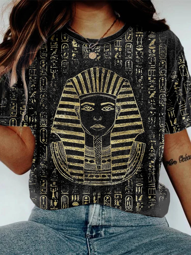 Gold Sphinx Head With Egyptian Hieroglyphs Print T Shirt