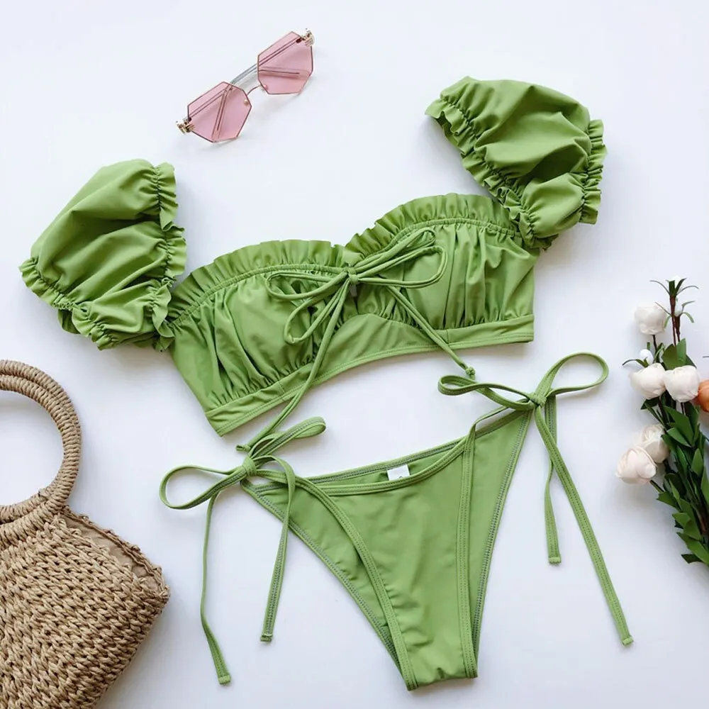 Off shoulder Thong Bikini 2020 Sexy Solid Swimwear Women bathers High cut Ruffle Brazilian Swimsuit Female bathing suit