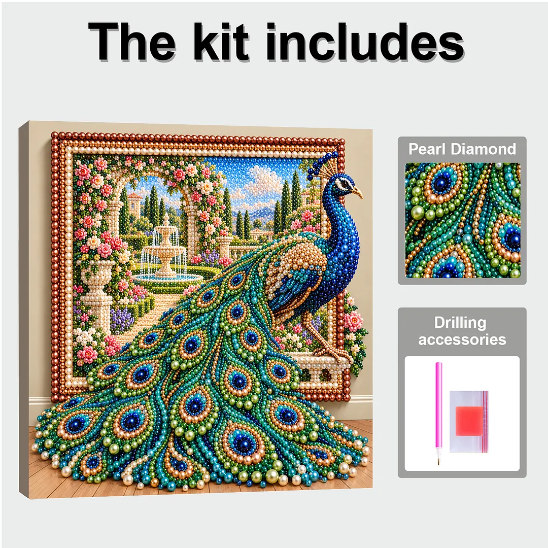Framed Bead Painting Kit Pearl Peacock for Adults 11.81x11.81in