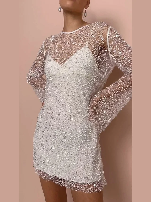 Women's Sequin Dress Two Piece Dress Mini Dress Contrast Lace Lace Party Holiday Date Fashion Sexy Crew Neck Long Sleeve 2024 Slim White Color S M L XL XXL Size