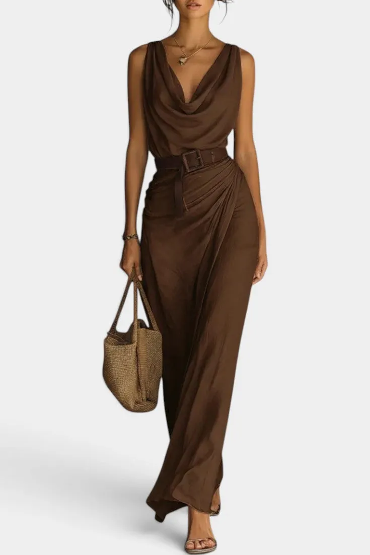 Cowl Neck Maxi Dress with Belted Draped Skirt