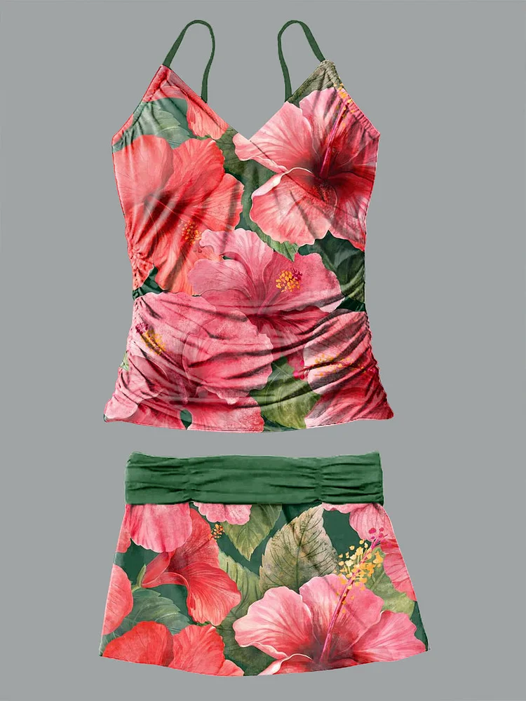 V-Neck Vintage Tropical Floral Pattern Halter Pants Skirt Set Swimsuit