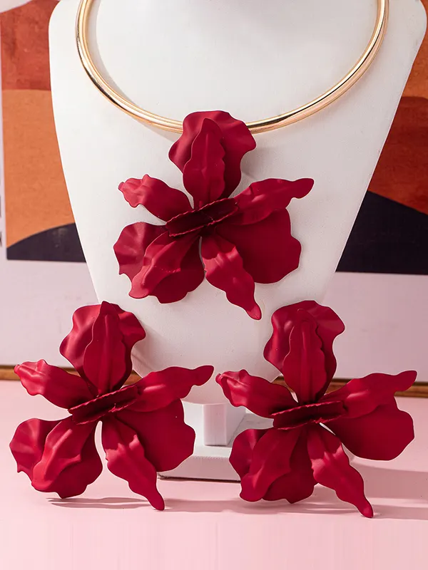 Flower Shape Necklaces Accessories + Drop Earrings DEEP RED-One_size