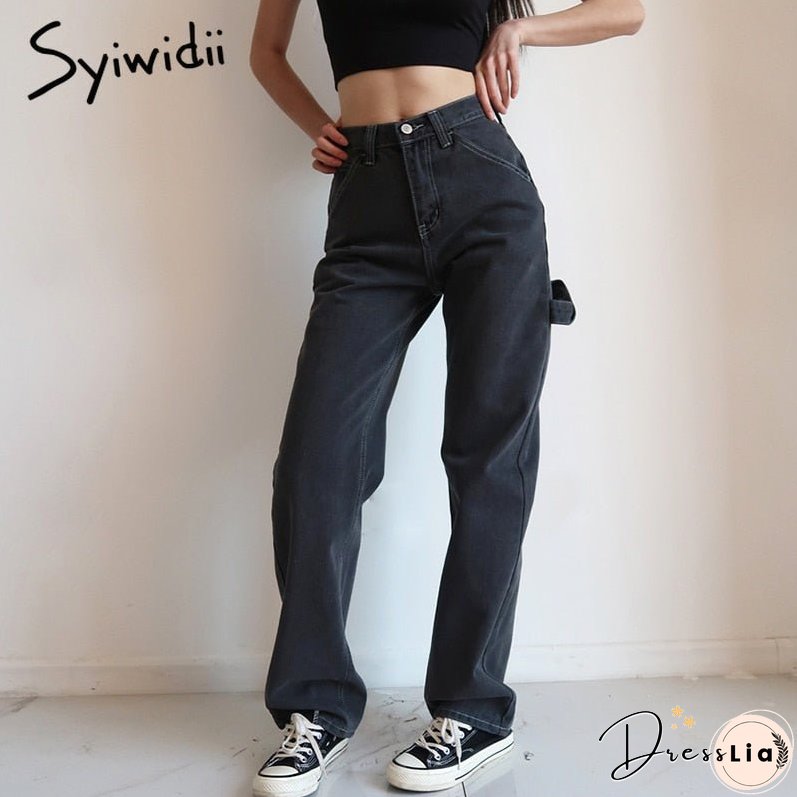 JOSKAA High Waisted Jeans for Women Black Denim Pants Clothes Lace Up Spliced Trousers Straight Fashion Vintage Streetwear NEW