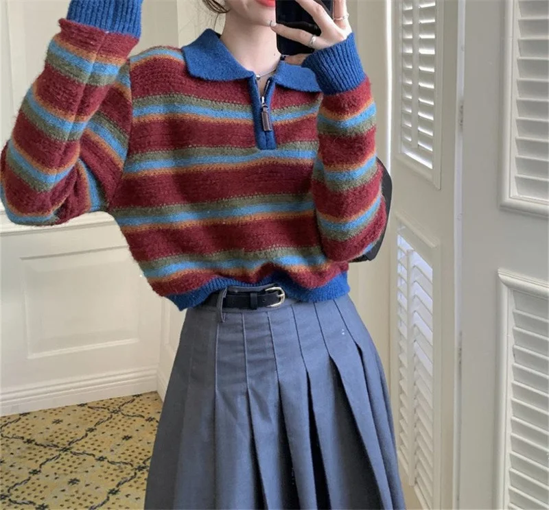 Ueong Ueong New Version Of 2023 Korean Version Collision Color Stripe Polo Collar Sweater Fashion Loose Lazy Wind Pullover Sweater Woman