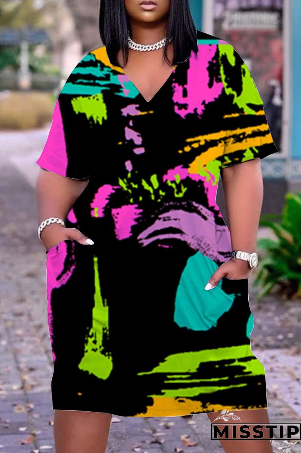 Black Casual Print Patchwork V Neck Straight Dresses