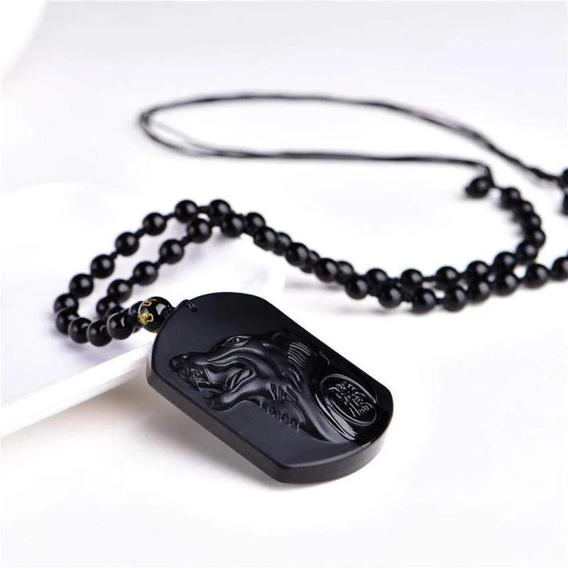 Black Obsidian Stone Wolf Purification Pendant Necklace