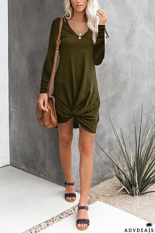 Knot V Neck Long Sleeve Mini Dress