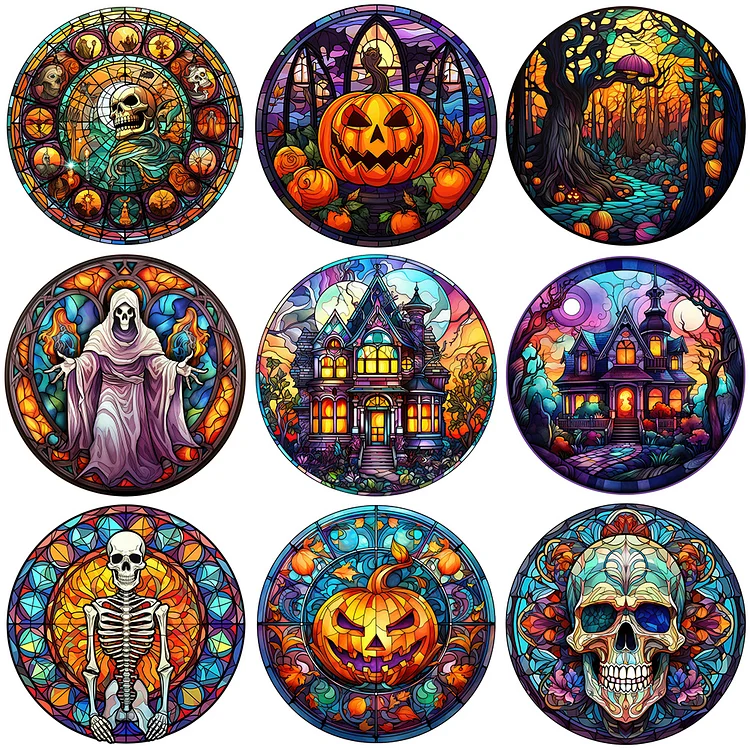 Full Round Drill Diamond Painting - Halloween Pumpkin Skeleton Haunted  House Glass Painting - 30*30cm