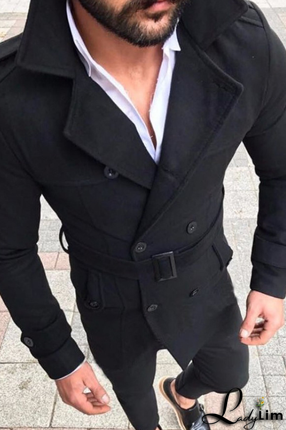 Blue Fashion Casual Solid Pocket Buckle With Belt Turndown Collar Outerwear