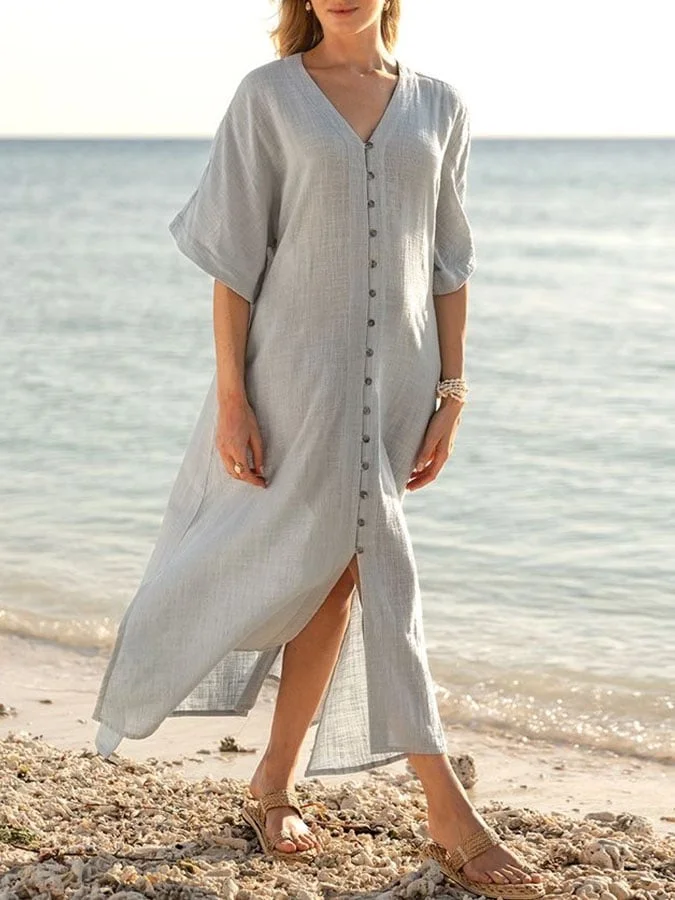 Women's Casual Solid Color V-Neck Mid Sleeve Cotton and Linen Button Dress
