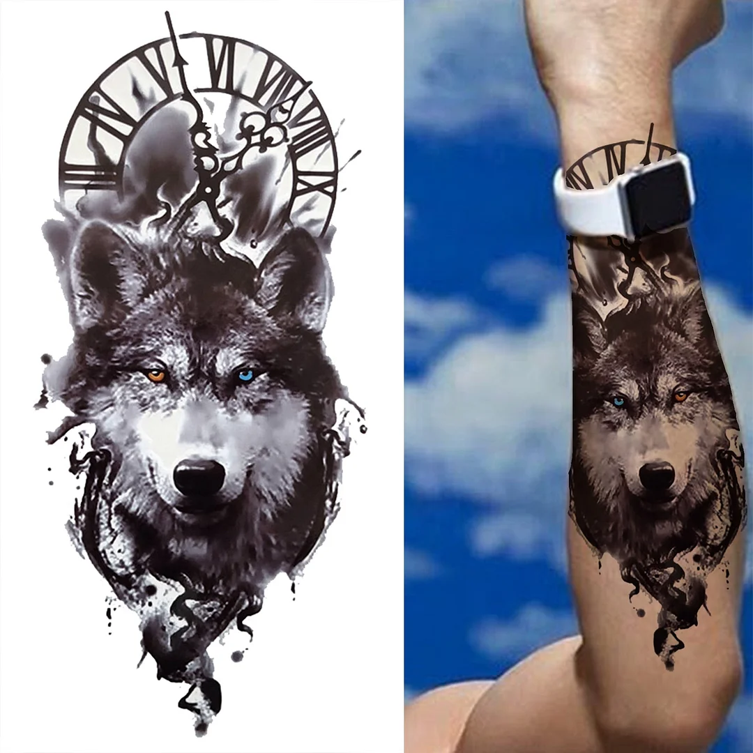 Compass Half Sleeve Temporary Tattoos For Women Men Adult Black Cross Tattoo Sticker Realistic Fake Lion Tatoo Bird Clock Flower