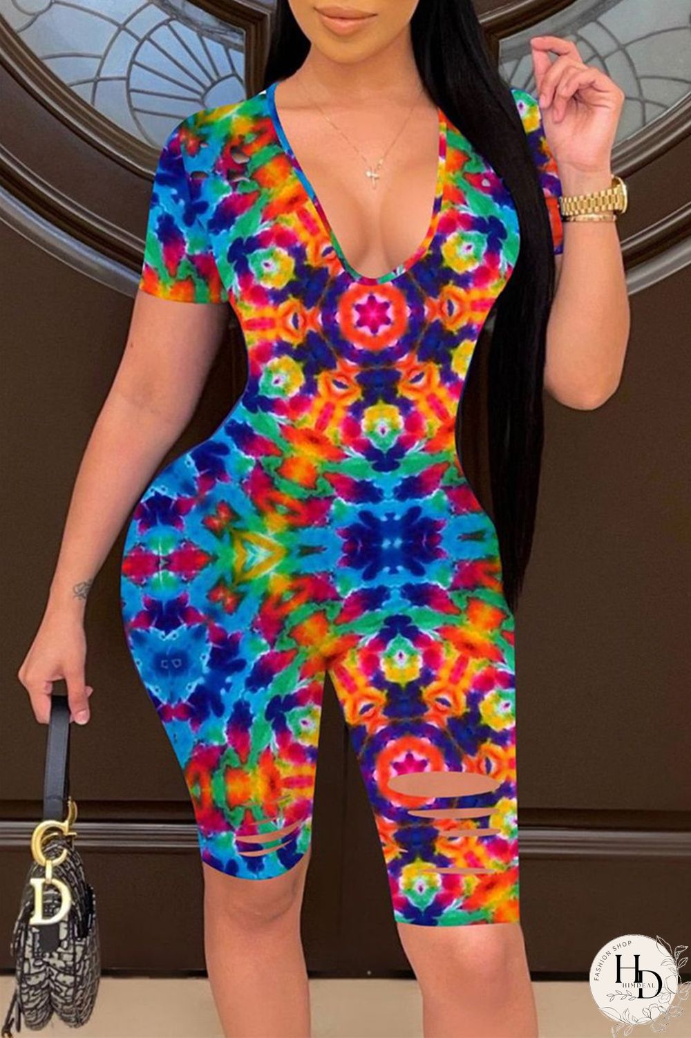 Purple Fashion Casual Print Tie Dye Ripped V Neck Skinny Romper