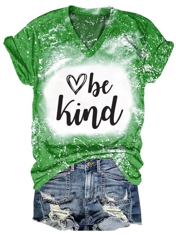 Short Sleeve V Neck Gradient Be Kind Letter Printed T-shirt