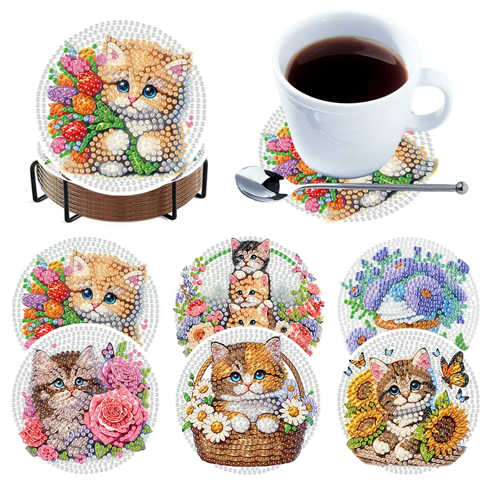 6Pcs Flowers and Cats Wooden Diamond Painting Coasters with Holder for Adults Beginners