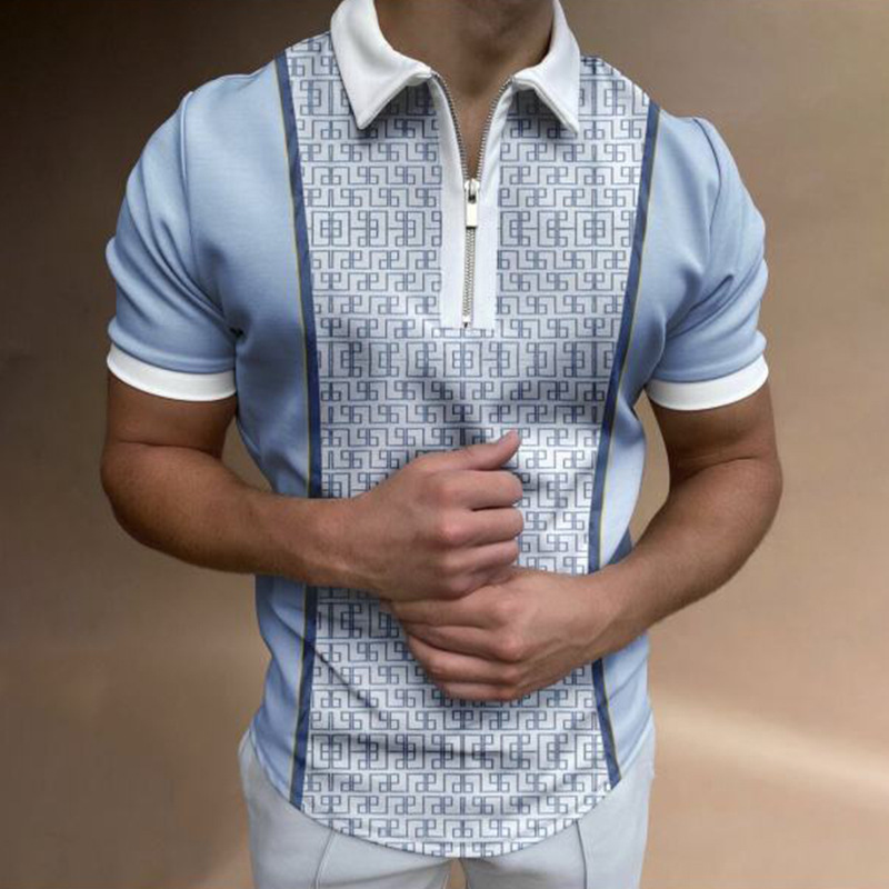 Lapel Men's Color Block Short Sleeve Zip Gentlemen's POLO Shirt