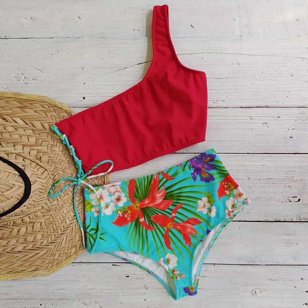 2021 New Sexy High Waist Bikini Set Two Pieces Swimwear Women Print Ruffle Bandage Swimsuit Bathing Suit Beachwear biquini