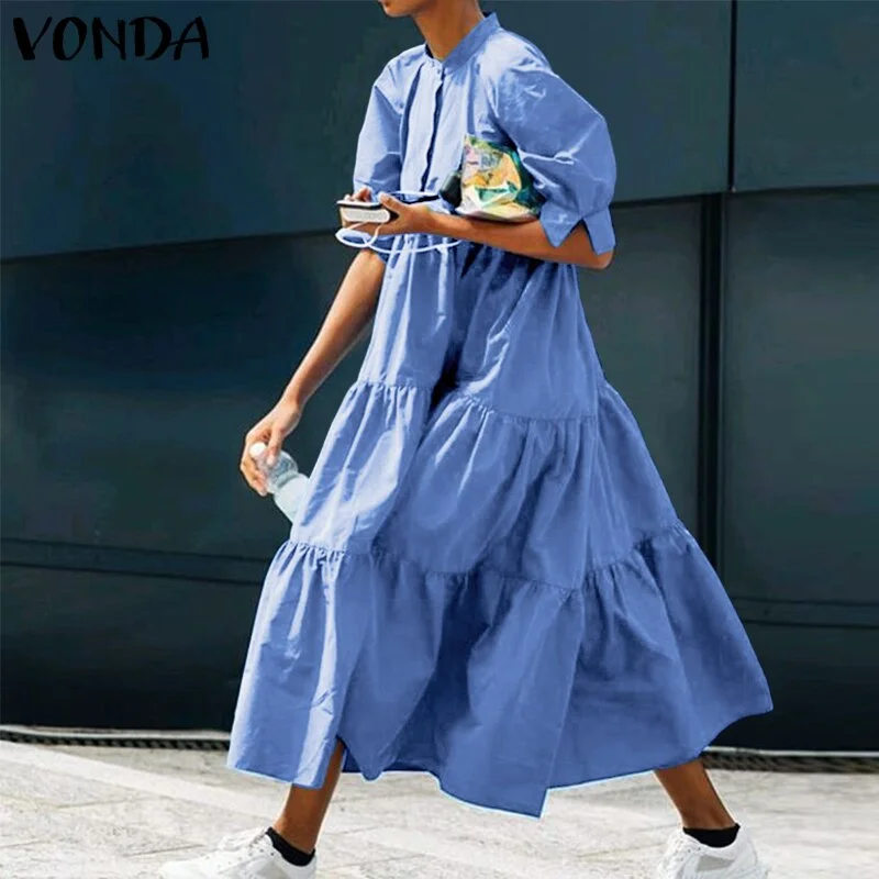 Mid-Calf Dress 2022 VONDA Woman Summer O Neck Short Lantern Sleeve Dresses Bohemian Party Vestidos Femme Mid-Calf Length Robes