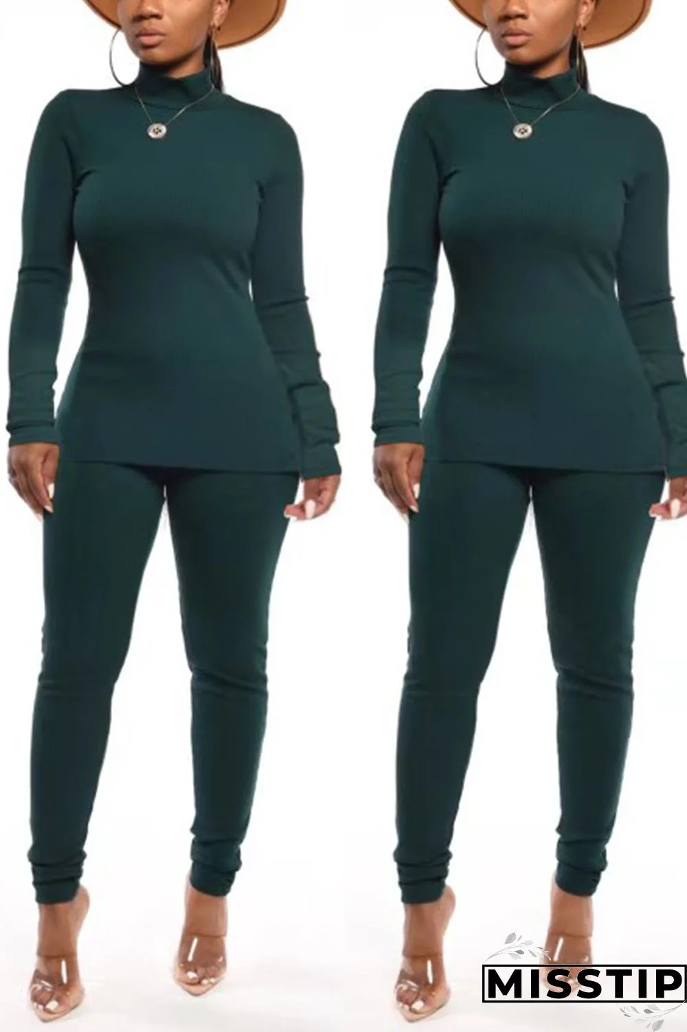 Dark green Autumn And Winter Casual High Collar Solid Color Two-Piece Suit