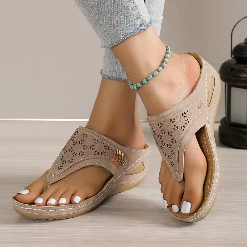 Colourp Colourp Toe Cool Drag Thick Sole 2023 New Hollow Slope Heel Retro Casual Outside Wear Car Seam Beach Shoes