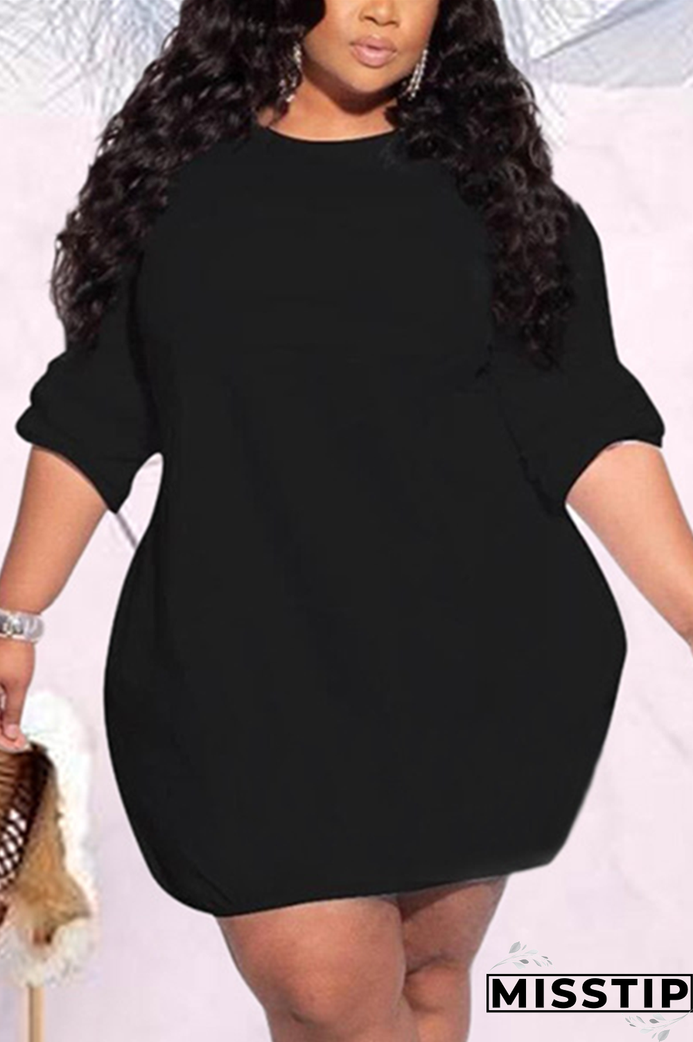 Black Fashion Casual O Neck Long Sleeve Regular Sleeve Solid Long Sleeve Dress Plus Size