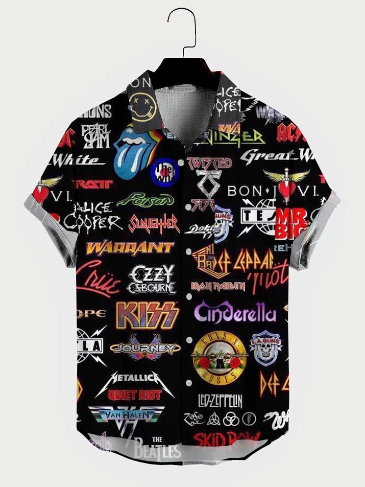 Mens Rock and Roll Punk Print Pocket Lapel Casual Loose Short Sleeve Shirt
