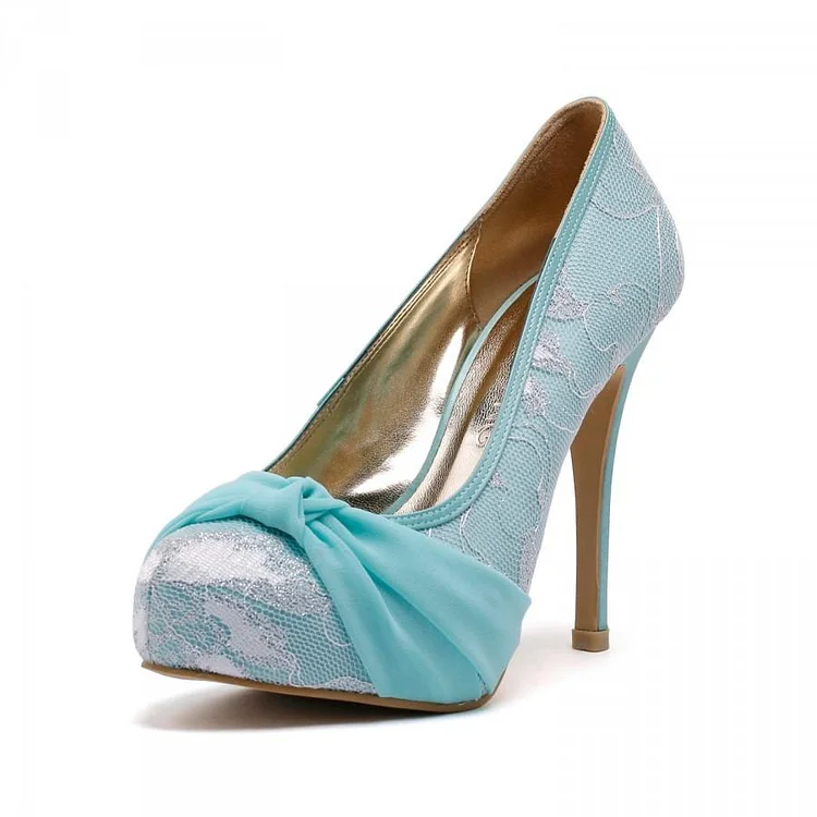 Aqua Wedding Shoes Lace Heels Platform Pumps with Bow |FSJ Shoes