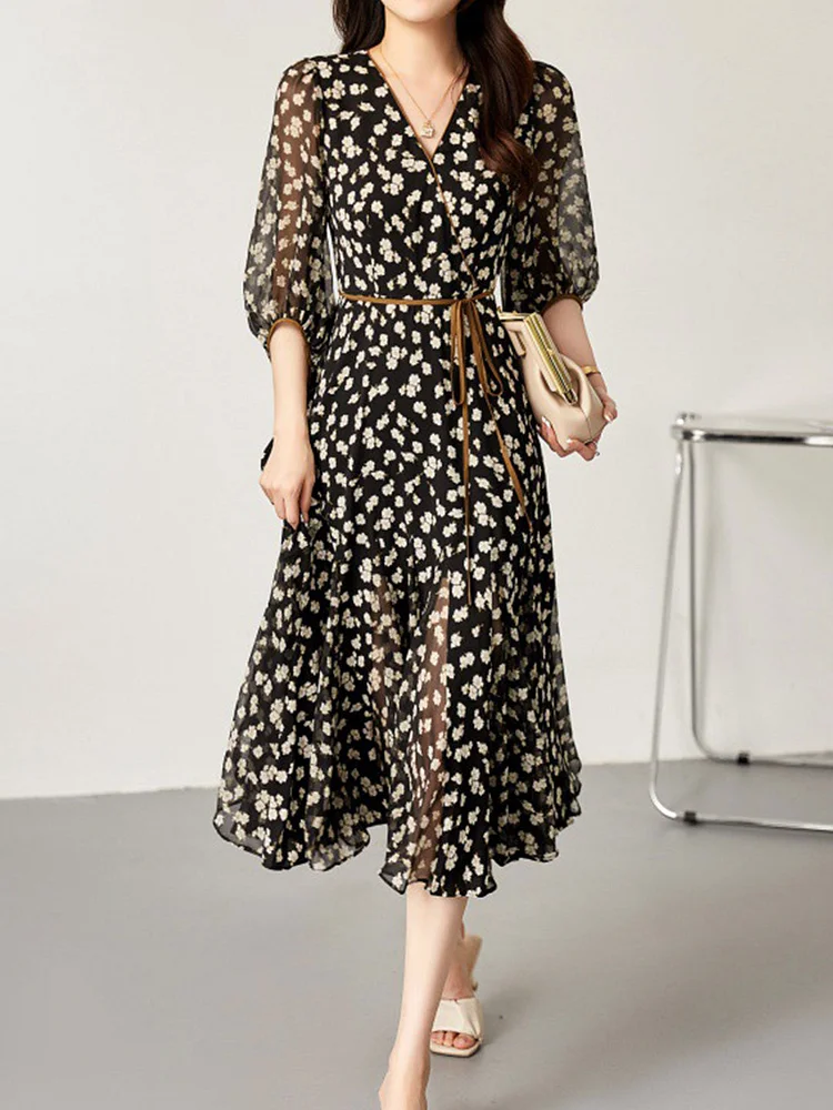 Retro Floral Wrap Waisted Dress-Black Long