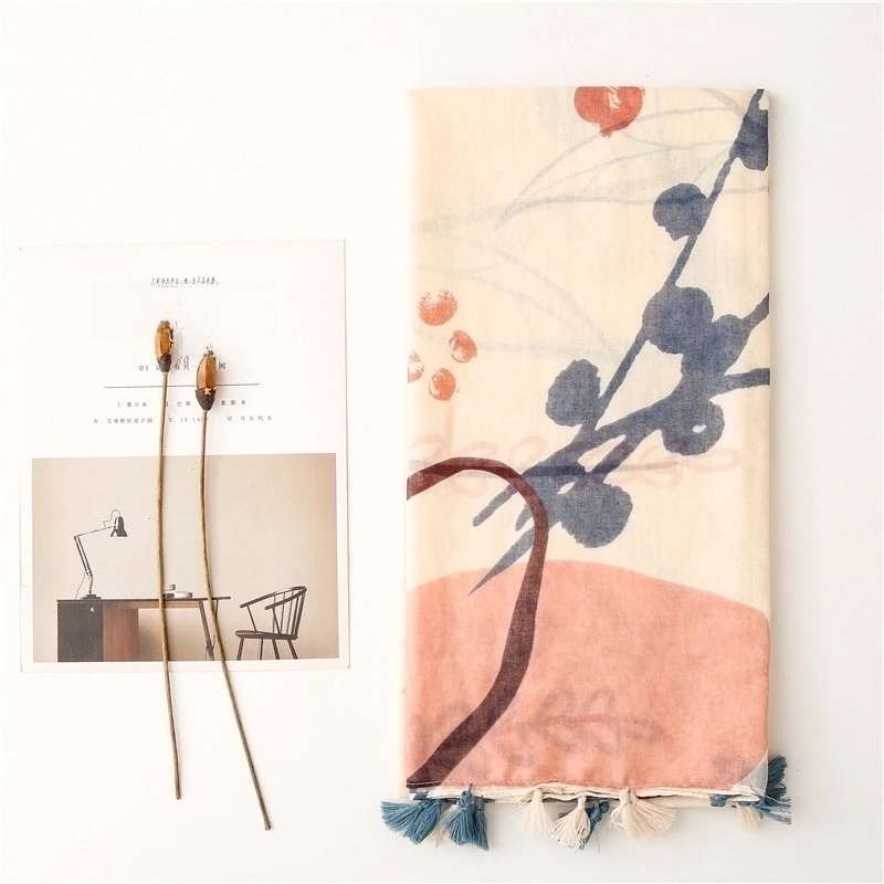 Retro Plain Beige Bottom Small Flower Tassels Thin Gauze Scarf