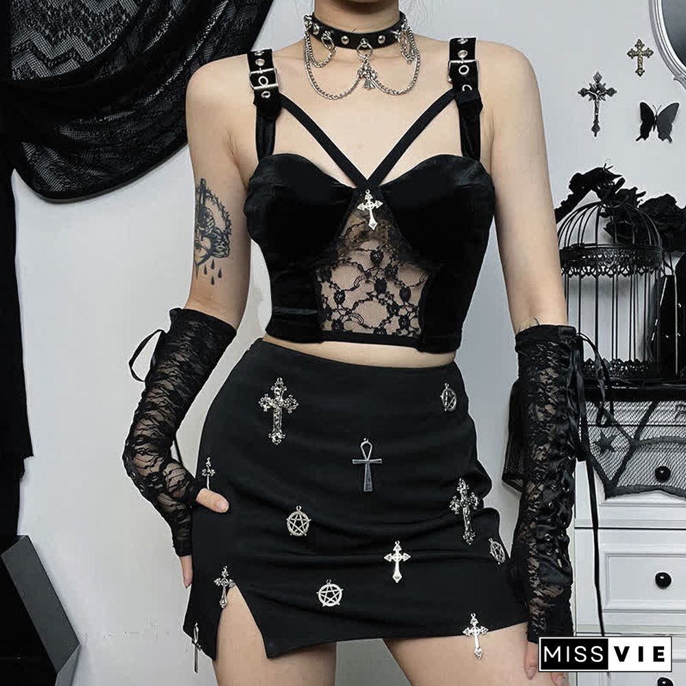Gothic Cross Buckle Lace Hollow Out Crop Top