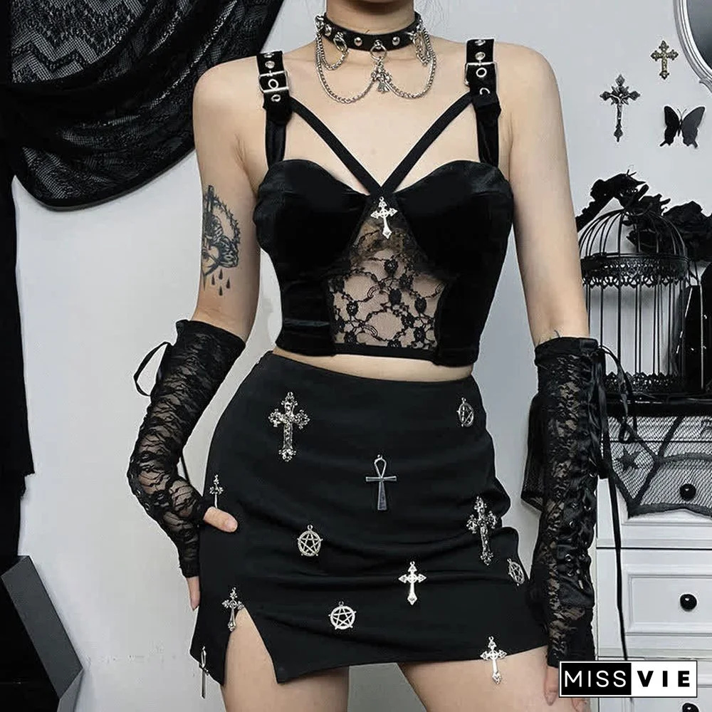 Gothic Cross Buckle Lace Hollow Out Crop Top