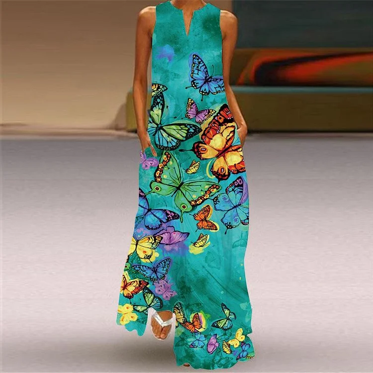 Sexy V-neck Sleeveless Long Dress With Pocket Print-Mayoulove