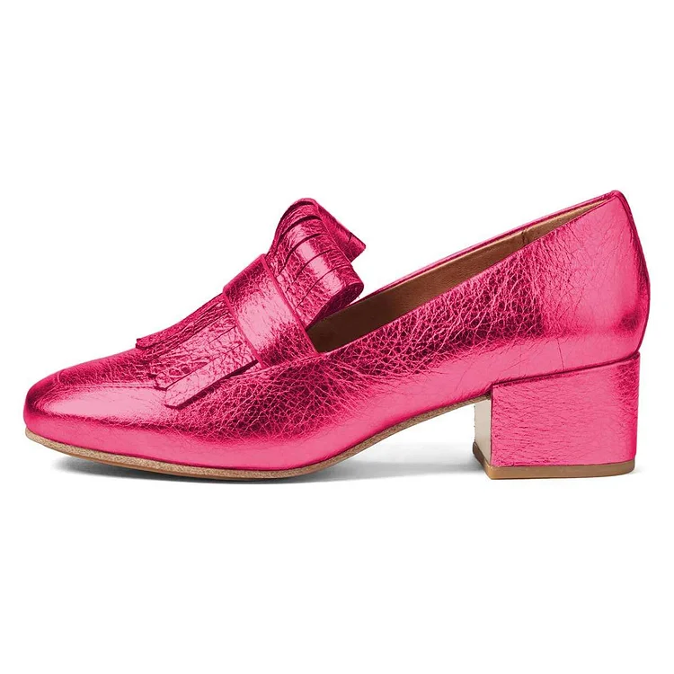 Hot Pink Square Toe Chunky Heels Fringe Loafers for Women US Size 3-15 |FSJ Shoes