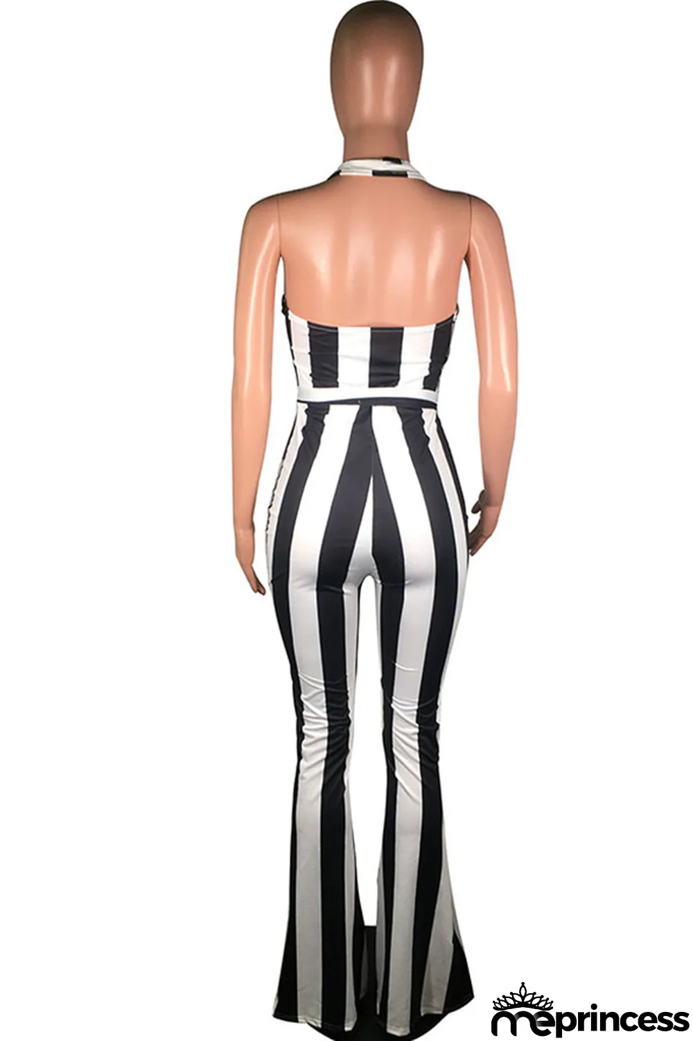 Black Fashion street Striped Backless Polyester Sleeveless V Neck Jumpsuits