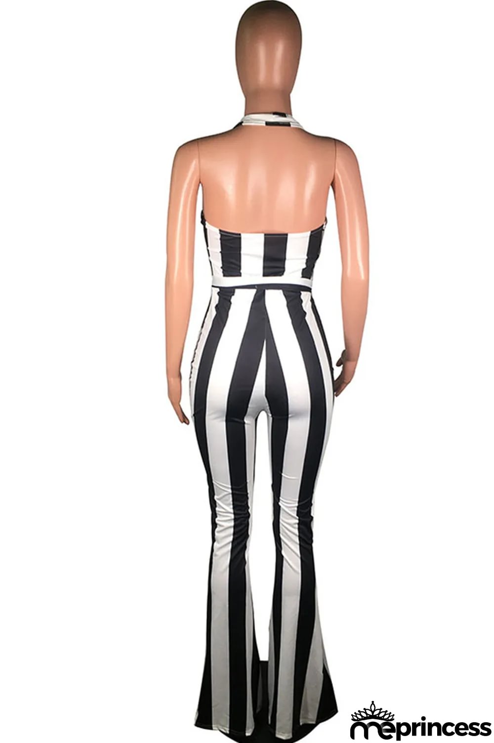 Black Fashion street Striped Backless Polyester Sleeveless V Neck Jumpsuits