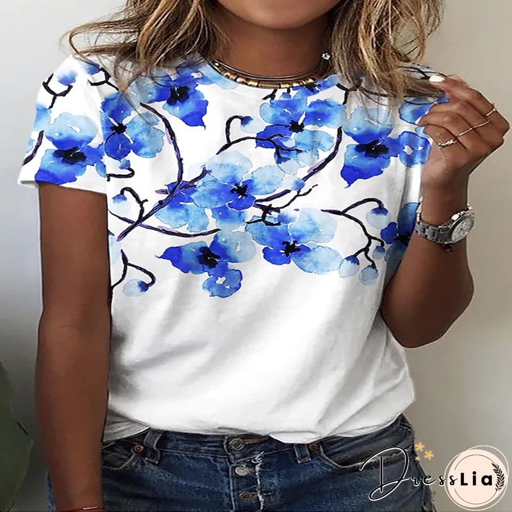 Summer New 3D Printing Ladies Casual Floral Theme Painting T-Shirt Printing Round Neck Soft Fashion Women's Clothing