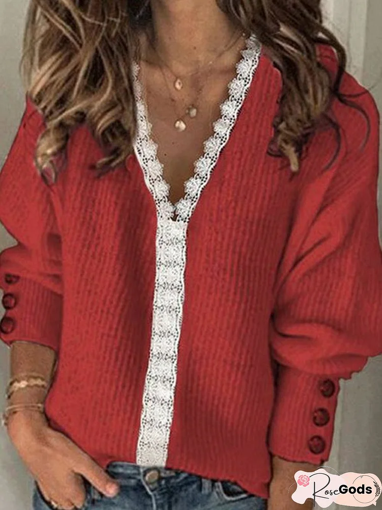 Casual V Neck Long Sleeve Paneled Sweater